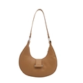 Minimalist caramel crescent shoulder bag with smooth PU leather and silver hardware details - Khaki