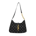 Elegant black leather hobo bag with star monogram print and golden metal buckle clasp - Black