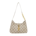 Chic cream white leather shoulder bag with vintage brown monogram and gold metal lock - White