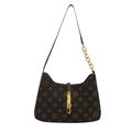 Vintage monogram print shoulder bag in brown faux leather with gold chain strap - Dark Brown