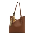 Bolso tote de cuero marrón con pañuelo decorativo de seda y detalles en color dorado - Tostado