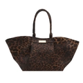 Bolso tote de moda con estampado de leopardo, gran capacidad y placa de metal dorada - Marrón