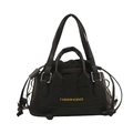 Fashionable black pebbled leather bucket bag with top handles and drawstring closure - Black