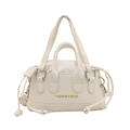 Chic cream white drawstring handbag with lychee texture and detachable shoulder strap - White