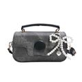 Contrast grey denim handbag with black leather straps and pearl bow heart charm - Black with Pendant