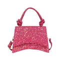 Rose pink sequined hourglass handbag with knot handle and curved base for women - Rose Red