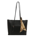 Black large capacity tote bag with elegant silk scarf detail and white stitching - Black