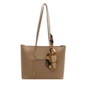 Large khaki tote bag in PU leather with vintage floral scarf accent and front zipper - Khaki