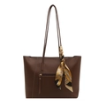 Dark brown matte leather tote bag with white stitching and vintage floral silk scarf - Dark Brown