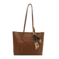 Brown faux leather tote bag with decorative scarf and front zipper pocket for women - Tan
