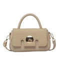 Elegant beige crossbody bag featuring textured weave flap and golden round metal buckle - Khaki