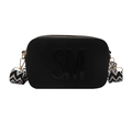 Bolso bandolera negro tipo cámara con logotipo SM y correa ancha estampada - Negro