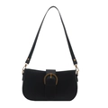 Minimalist black leather baguette bag with vintage gold buckle and adjustable strap - Black