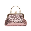 Rosa Pailletten Abendtasche mit goldenem Vintage Metallgriff und floralen Details - Rosa