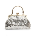 Silberne Pailletten-Abendtasche mit goldenen Beschlägen und Perlen-Tragegriff für Galas - Silber