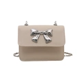 Mini beige chain crossbody square bag featuring silver metallic bow detail - Khaki