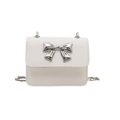 Mini white leather crossbody bag with silver bow accent and metal chain strap - White