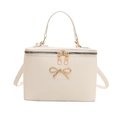 Creamy white box crossbody bag with gold bow decoration and dual metal zippers - White