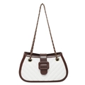 Minimalist white quilted leather crossbody bag with brown trim and gold chain strap - Brown