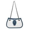 Blue and white color block crossbody bag with V-quilted pattern and gold chain strap - Blue