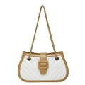 Quilted white and khaki shoulder bag with gold chain strap and metal buckle accent - Khaki