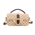Borsa a tracolla beige con stampa a trifoglio marrone e manici in pelle a forma quadrata - Bianco