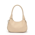 Beige Hobo-Schultertasche mit Webstruktur und goldener Kette in Halbmondform - Beige
