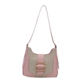 Bolso de hombro minimalista en cuero rosa y tela tejida beige con hebilla dorada - Rosa