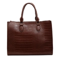Dark brown tote bag with crocodile texture and gold hardware on white background - Coffee
