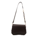 Dark brown minimalist leather shoulder bag with stylish wave-shaped flap and amber chain strap - Brown
