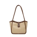 Bolso tote retro en cuero beige y marrón con correas largas para el uso diario femenino - Caqui