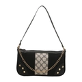 Retro schwarze Baguette-Tasche mit floralem Webband und Goldnieten für Damen - Schwarz