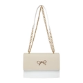 Retro bow crossbody bag with gold chain strap in white and beige woven texture - White