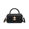 French style black matte leather handbag with golden round buckle and shoulder strap - Black
