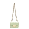 Mint green mini crossbody bag with gold square lock and chain strap on white background - Green