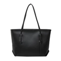 Minimalist black matte leather tote bag with long decorative straps and shoulder handles - Black