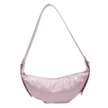 Pink glossy patent leather croissant shoulder bag with quilted details and silver hardware - Pink