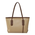 Minimalist large capacity tote bag in khaki PU leather with brown contrast handles - Khaki