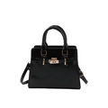 Glossy black trapezoid handbag with gold hardware and adjustable crossbody strap - Black