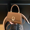Elegant brown crossbody flap bag with gold oval twist lock and detachable strap - Brown