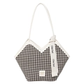 Classic houndstooth tote bag with white trim and fashion label, elegant summer shoulder bag - White
