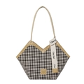 Women's houndstooth tote bag with beige leather straps and unique V-shaped neckline - Khaki
