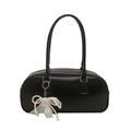 Classic black bowling bag with decorative pearl lace bow charm for versatile daily use - Black (With Ornament)