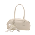 Creamy white PU leather shoulder bag with elegant pearl bow and lace ribbon accessory - White (With Ornament)
