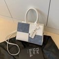 Piccola borsa quadrata bicolore blu e bianca con manico tondo e tracolla - Bianco