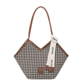 Classic houndstooth tote bag with brown leather trim and stylish shoulder straps - Brown