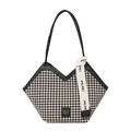Classic black and white houndstooth tote bag with leather straps and ribbon detail - Black