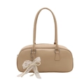 Minimalist beige PU shoulder bag with elegant pearl lace bow charm and zipper closure - Single Bag / Khaki