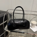 Glossy black pillow tote bag in shiny PU leather with silver metal hardware accents - Black (No Pendant)