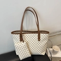Retro cream and brown monogram tote bag set with matching pouch on black leather - White